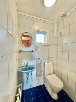 a bathroom with a toilet and a sink at Hilltop Panorama view retreat in Ålesund