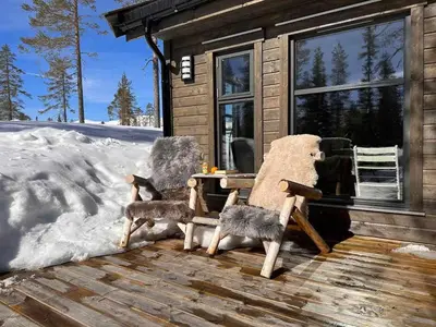 a cat sitting on a wooden deck in front of a cabin at Trysilfjell hytteomrade 2124 by Vacation Trysil in Hovi