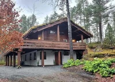 a log house with a grass roof at Holmøy Lodge in Holmøyane