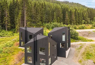 two black modular homes on a hill with trees at Exclusive and Uniqe Apartment - Ski in ski out! in Vossevangen