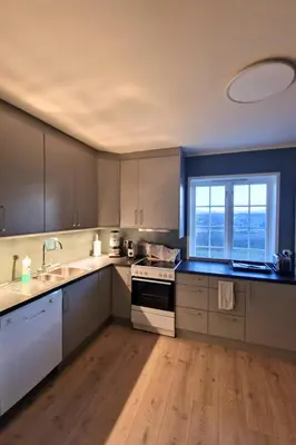 a kitchen with a sink and a stove top oven at Torshov Gård, Viking grounds in Hamar