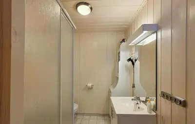 a bathroom with a shower and a sink and a toilet at Amazing Apartment In Edland With House Sea View in Nesland