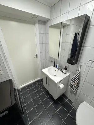 a bathroom with a sink and a mirror and a toilet at Bright and modern city center apartment in Ålesund