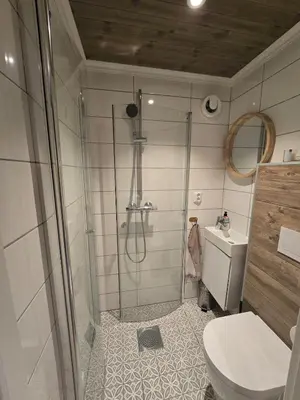 a bathroom with a shower and a toilet at Family-friendly cabin at Høgevarde! in Flå