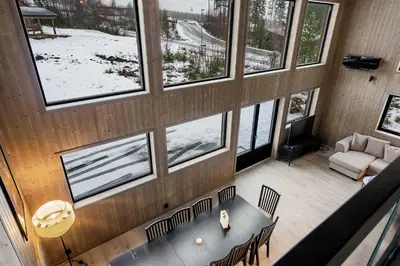an overhead view of a room with a table and chairs at Vestbyvegen 34A By Vacation Trysil in Trysil