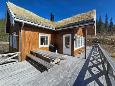 a cabin with a bench and a grass roof at Cozy Cabin Retreat in Fl, Norway - Perfect for Families and Nature Lovers in Flå