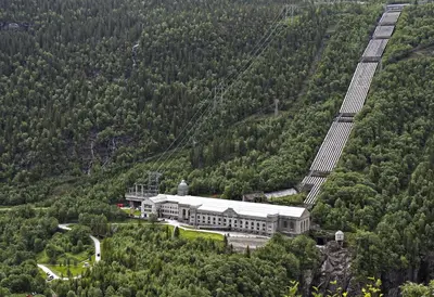 an aerial view of a building on a mountain at Rjukan Hytteby in Rjukan