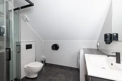a bathroom with a toilet and a sink and a shower at Rjukan Hytteby in Rjukan