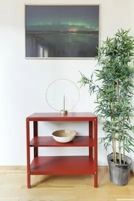 a red shelf with a bowl on it next to two plants at Stylish apt 2nd floor city centre in Trondheim
