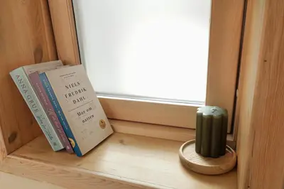 a window sill with books and a cactus next to a window at Elegant 1-Bed Apt in City Centre in Trondheim