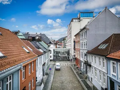 an aerial view of a city with buildings at 3 soverom, sentralt i Bergen og moderne bad in Bergen