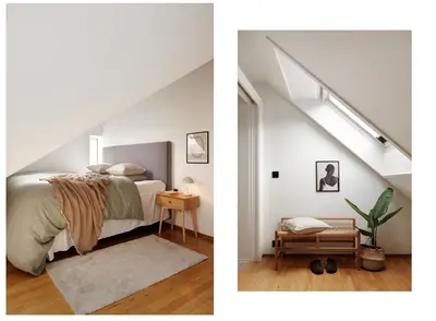 a bedroom with a bed and a room with a staircase at Relaxed apartment with a view in Bergen