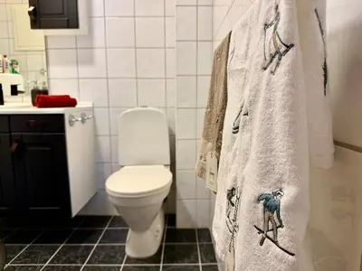 a bathroom with a toilet and a towel at Unique view! Modern apartment with sauna in Vossevangen