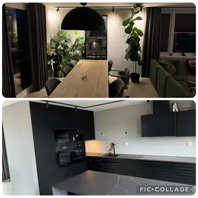 two pictures of a living room and a dining room at Family-friendly luxury penthhouse with three bedrooms in Stjoerdal