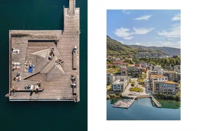 two pictures of people standing on a tower next to the water at Cozy 2-bedroom apartment near Bergen City Centre in Bergen