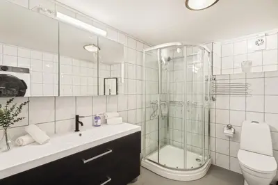 a bathroom with a shower and a sink and a toilet at Bergen city center Kalfaveien in Bergen