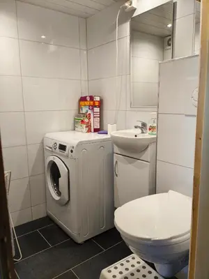 a bathroom with a washing machine and a sink at A house for rent in Osen, only 45 min from Trysil in Åmot