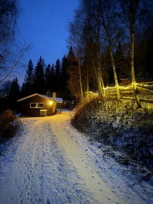 a snow covered road leading to a cabin at night at Lite hus i Vestre Slidre in Slidre