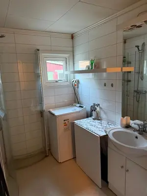 a small bathroom with a sink and a washing machine at Lite hus i Vestre Slidre in Slidre