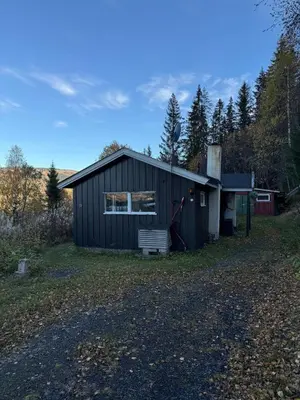 a black building in a field with trees in the background at Lite hus i Vestre Slidre in Slidre