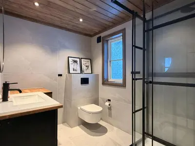 a bathroom with a toilet and a sink and a shower at Stylish cabin near Hemsedal ski resort, 200 m to slopes & lift in Hemsedal