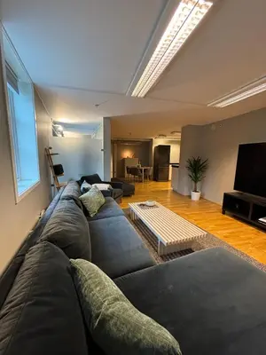 a living room with a couch and a television at Modern apartment in central Trondheim in Trondheim