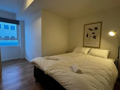 a large bed in a room with a window at Big apartment - Prime Location - Middle of Voss in Vossevangen