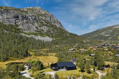 an aerial view of a village in the mountains at Cabin in Hovden with Beautiful views in Bykle