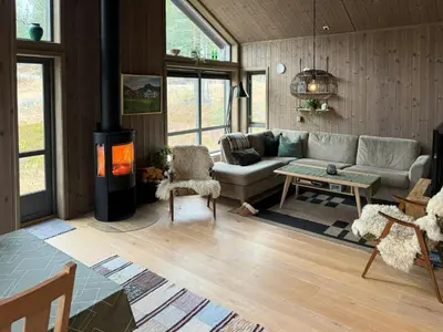 a living room with a couch and a fireplace at Cabin With Sauna At Norefjell in Noresund