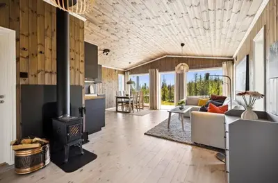 a kitchen and living room with a stove at Family Cabin BUDOR - 60 MIN FROM OSL - Alpine Cross Country Skiing in Løten