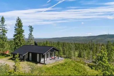 a small house with a black roof in the woods at Family Cabin BUDOR - 60 MIN FROM OSL - Alpine Cross Country Skiing in Løten