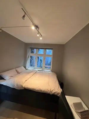 a bedroom with a bed and a window at Stylish 2BR with Patio and Smart TV - 10 min to Bryggen in Bergen