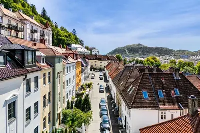 an overhead view of a city street with buildings at Stylish 2BR with Patio and Smart TV - 10 min to Bryggen in Bergen