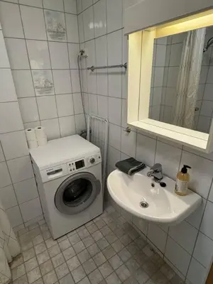 a bathroom with a washing machine and a sink at Cozy Studio in Lademoen, Trondheim in Trondheim