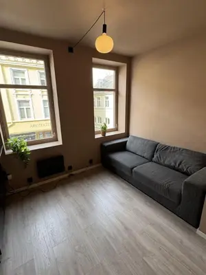 a living room with a couch and two windows at Modern and central apartment in Trondheim in Trondheim