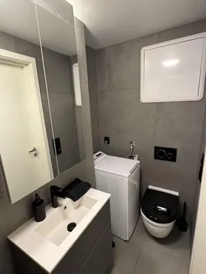 a bathroom with a sink and a toilet and a mirror at Modern and central apartment in Trondheim in Trondheim