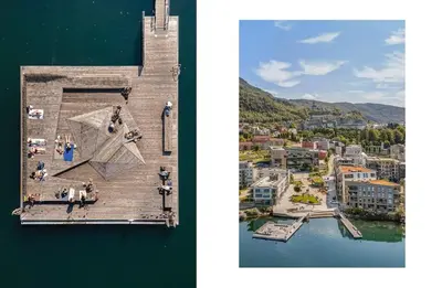two pictures of people standing on a tower next to a body of water at Central modern apartment in Bergen in Bergen