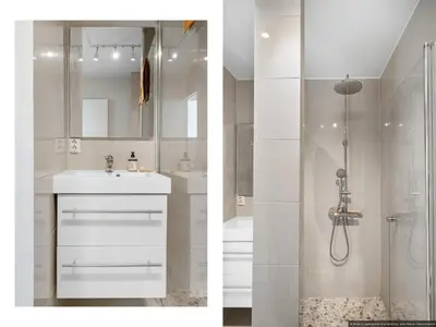 two pictures of a bathroom with a shower and a sink at Cozy Apartment near City Centre in Bergen