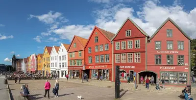 a group of buildings on a street in a city at Appartment Bergen, Skansen in Bergen
