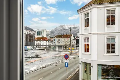 a view from a window of a city at City Center, Light & Modern Apartment in Bergen