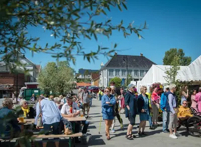 a crowd of people walking down a street at Langesund brygge in Lii