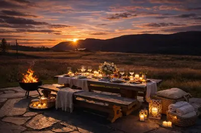 a dinner table with candles and lights in a field at Historical & exclusive cabin - Ski in-out - 18 people in Nord-Fron