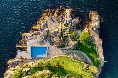 an aerial view of an island in the water at Bright and cozy 2-bedroom apartment in Bergen