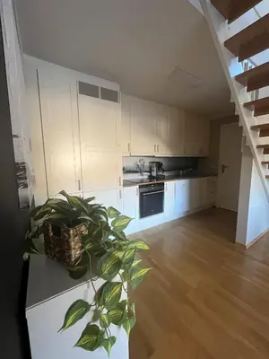 a kitchen with white cabinets and a plant on a counter at Romslig toppleilighet 134 kvm med balkong perfekt for firma og grupper in Beitostøl