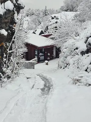 a house covered in snow next to a stream at Kuringen Brygge Hotel and Restaurant in Refsnes