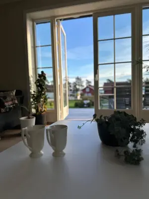 a white table with two cups and plants on it at Great house Hamar, stay close to Mjøsa at Domkirkeodden in Hamar