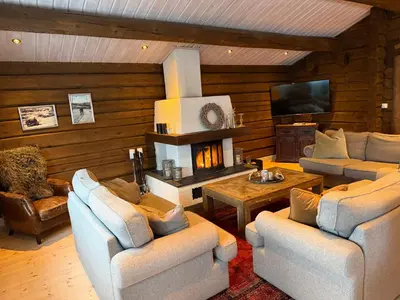 a living room with two couches and a fireplace at Cabin at Fageråsen - 4 roomed family cabin for skiing in Trysil in Trysil