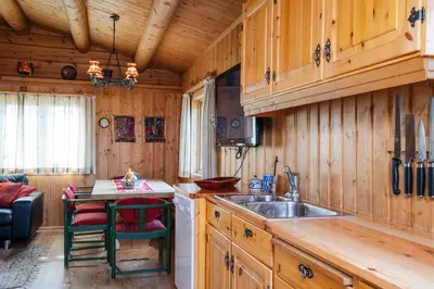 a kitchen with wooden cabinets and a sink at Rundetjødn 20 in Hol