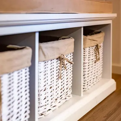 a console table with two baskets on it at Historic Bergen House with Sunny Terrace in Bergen