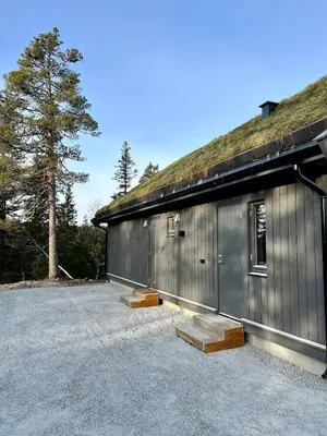 a building with a grassy roof with stairs next to it at Reno Hytta in Eggedal